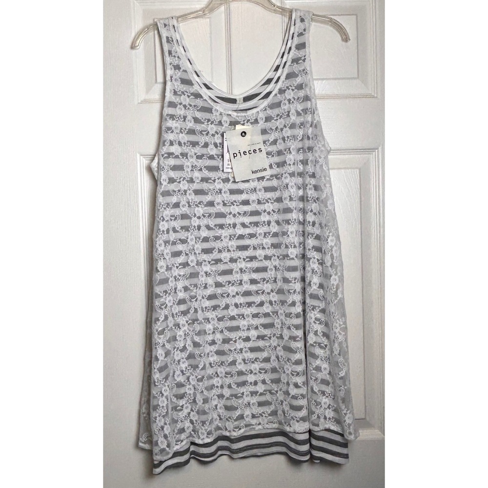 Kensie White Lace Stripe Tank Top Tunic Overlay Size M
